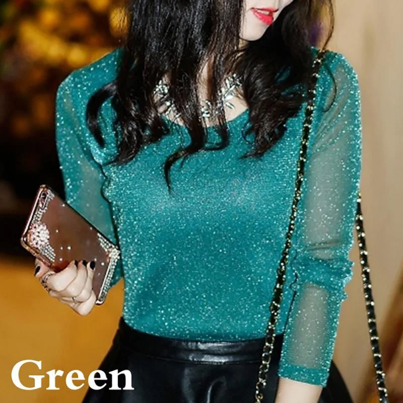 

2019 Summe Women's Sexy See Through Mesh Blouse Fashion Women Tops Long Sleeve Transparent Shining Elegant Shirt