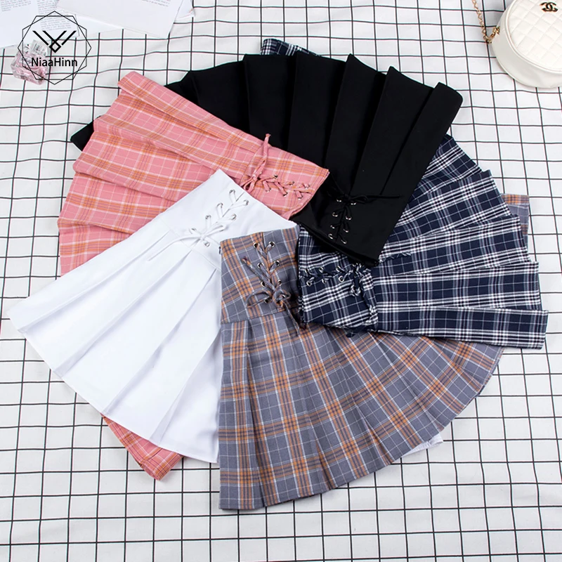 Women Skirt Preppy Style High Waist Bandage Chic Stitching Skirts Summer Student Pleated Skirt Women Cute Sweet Girls Dance New
