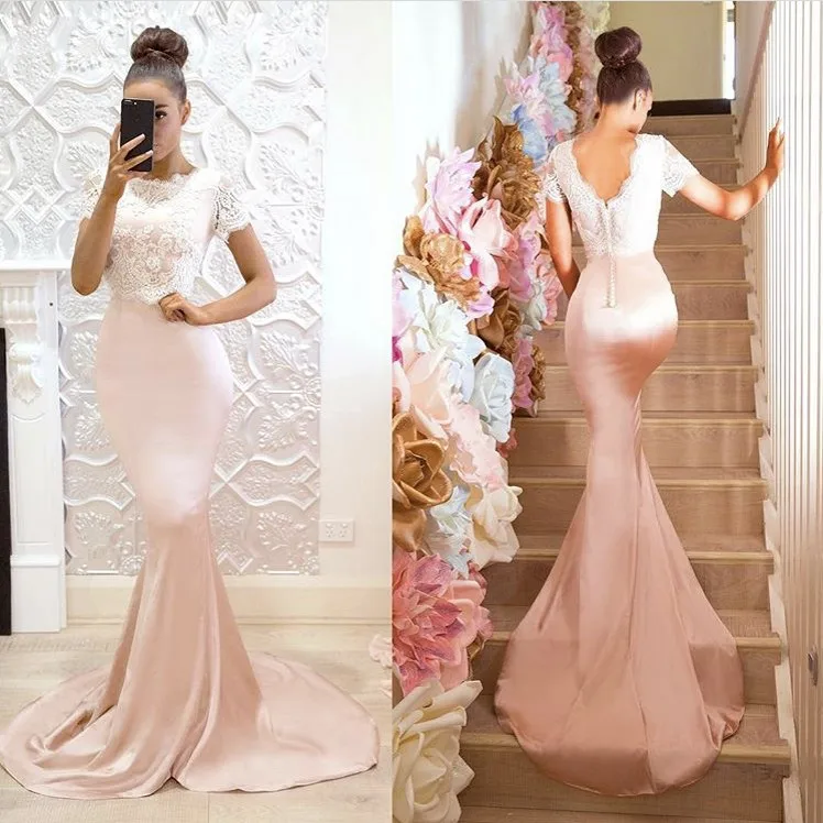 

Elegant Scoop Cap Sleeve Lace Applique Satin Court Train Mermaid Bridesmaid Gowns Sexy Bridesmaid Dresses With Covered Button