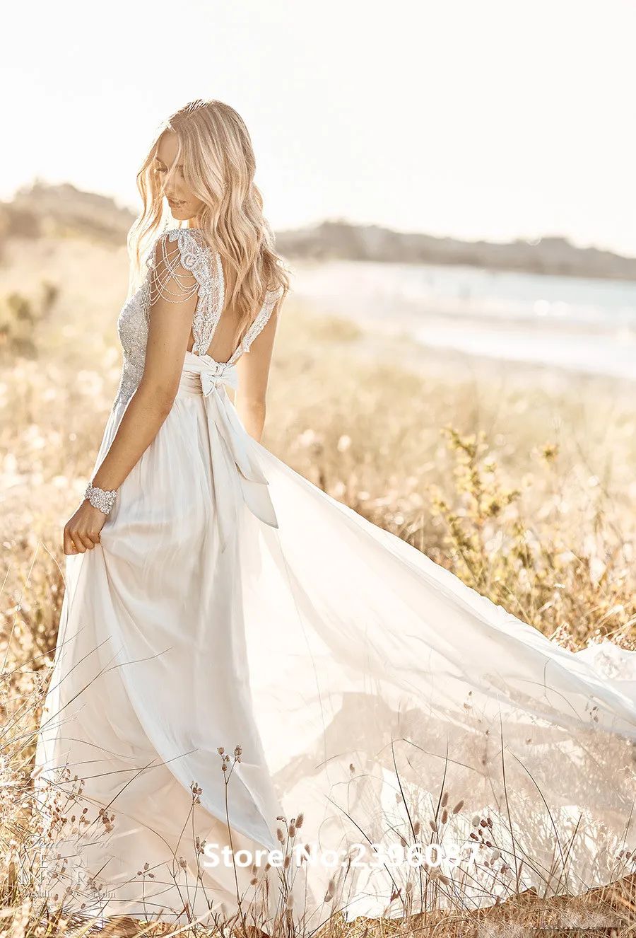 

Hot Beading Bohemian Wedding Dress V-Neck Backless Beach Wedding dresses Boho Bridal Gown Vestido de noiva robe de mariage 2019