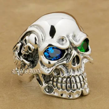 

LINSION 925 Sterling Silver Titan Skull Blue Green CZ Stone Eyes Mens Biker Punk Ring sterling-silver-jewelry 8V605 US Size 7~15