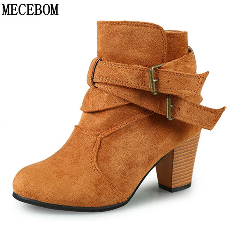 

Genuine Flock Mecebom Winter 1788W Women Sexy Ankle Boot Buckle Strap Platform Medium Square Heel Zapatillas Mujer Footwear