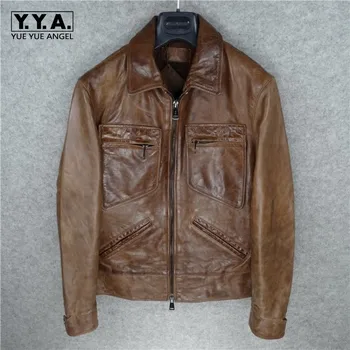 

Retro Genuine Leather Jacket Men Luxury Brand Zip Warm Motorcycle Jacket Vintage Pockets Long Sleeve Autumn Winter Coat Male