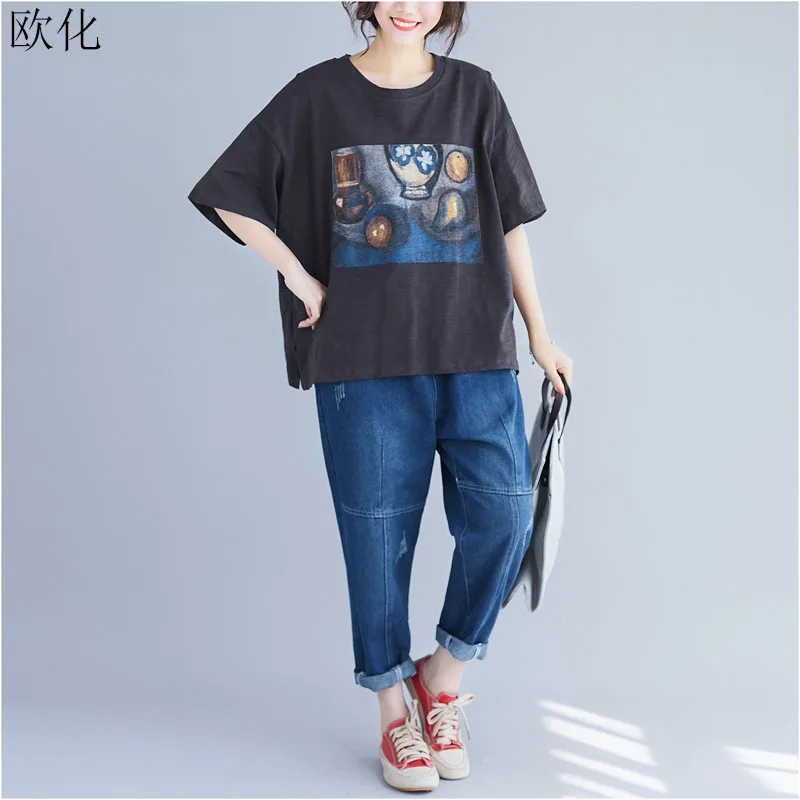 

Plus Size Cartoon Printed Cotton T Shirt 2019 Summer New Batwing Sleeve Tee Shirt Female Loose Casual Large Big Tshirt Tops 5XL