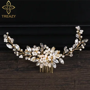 

TREAZY Romantic Gold Color Bridal Hair Accessories Handmade Crystal Pearl Flower Hair Combs Women Headpiece Wedding Hair Jewelry