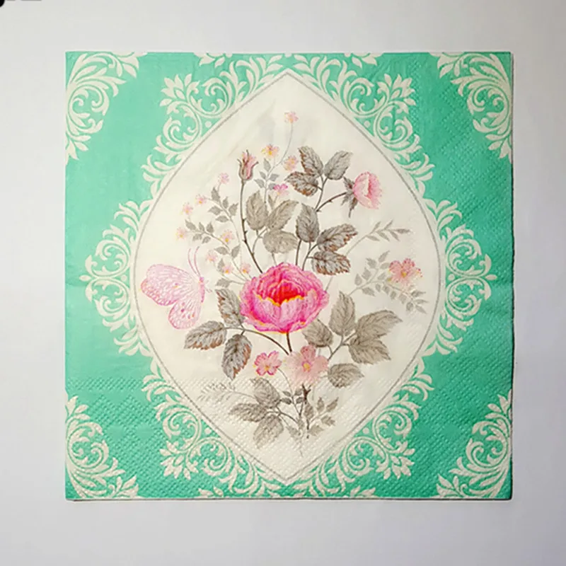 

20 vintage table paper napkin tissue decoupage gray green patterned flowers birthday wedding cocktail party home decor mat
