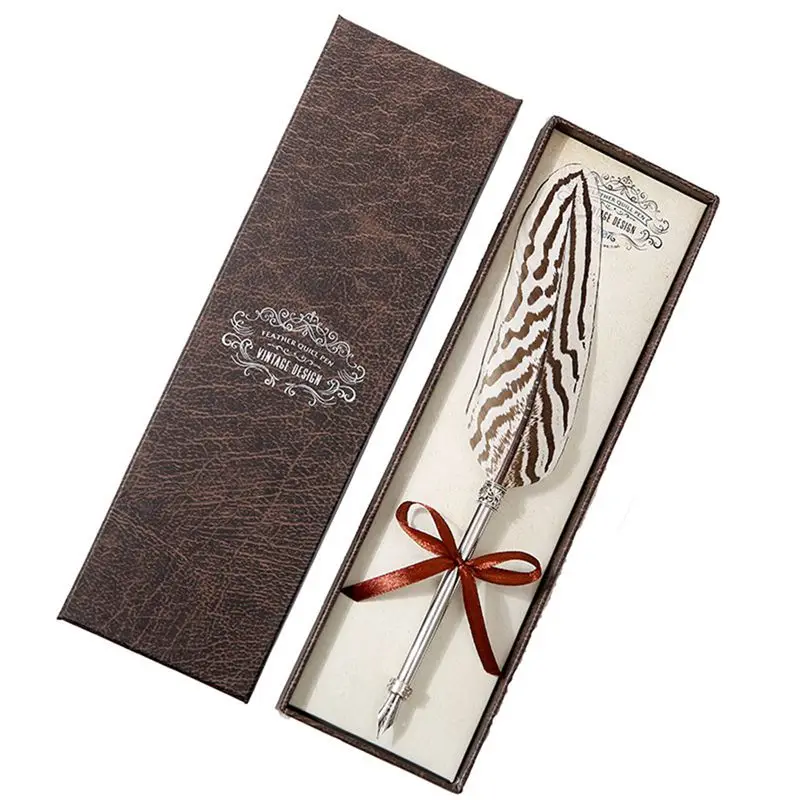 Creative Craft Vintage Feather Pen Vintage Engraved Metal Feather Pen Signature Gift European Feather Pen Memorial Set