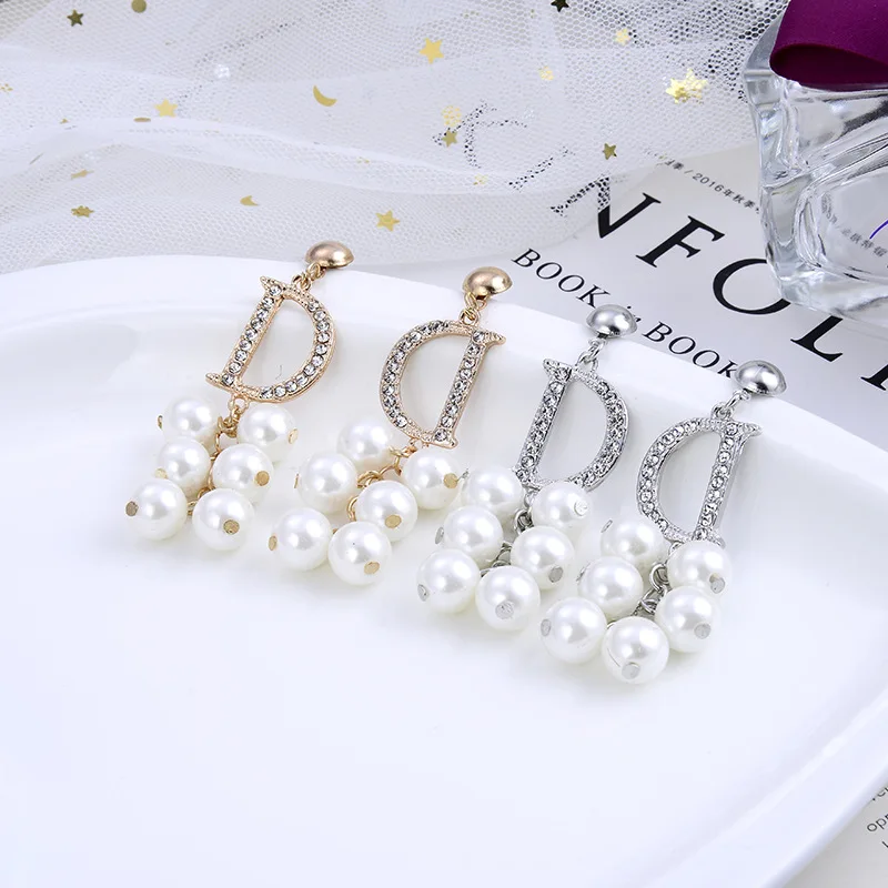 

Fooderwerk Jewelry Rhinestone DD Letter Woman Earrings Large Pearl String Tassel Long Luxury Earrings