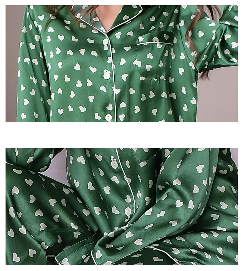Женские пижамы из натурального шелка с принтом в виде сердечек, пижама с длинными рукавами, комплекты с длинными штанами, Шелковая пижама для женщин T8134