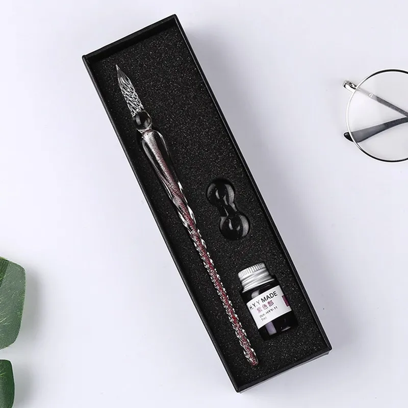 Vintage Crystal Glass Dip Pen Set Non-carbon Gold Ink Fountain Signature Calligraphy Pen Writing Tools Stationery Gift