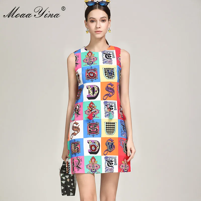 MoaaYina Летняя мода короткое платье Для женщин рукавов плед печати Бисер кисточкой