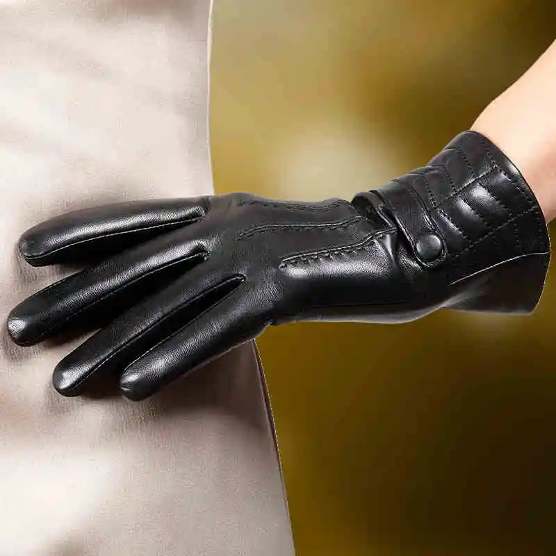 Brand Genuine Leather Gloves Fashion Women  Sheepskin Gloves Autumn Winter Plus Velvet Elegant Lady Finger Driving Glove L159NC