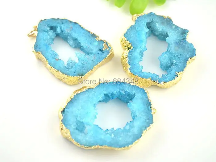 

3PCS Large Size Geode Quartz Pendant Blue Color, Crystal Drusy Geode stone Pendant, Gold color Edged Charm Pendant