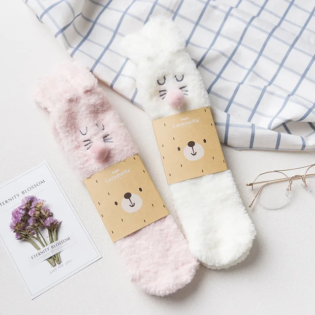 Sweet 2 Pairs Cute Cartoon White Rabbit Fluffy Socks Women Anti skid