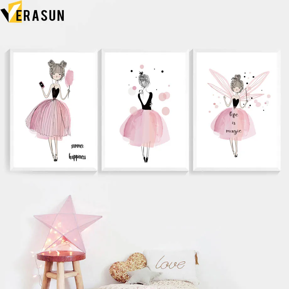 Watercolor Pink Little Girl Wall Art Canvas Painting Nordic Posters And