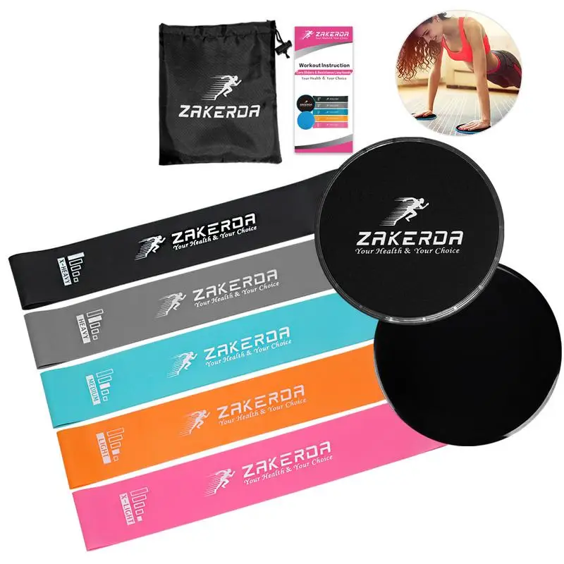 

2PCS Fitness Slider Resistance Circle Band Practice Set 5 Elastic Band Portable Carrying Bag (Pull Belt Sliding Plate Cloth Bag