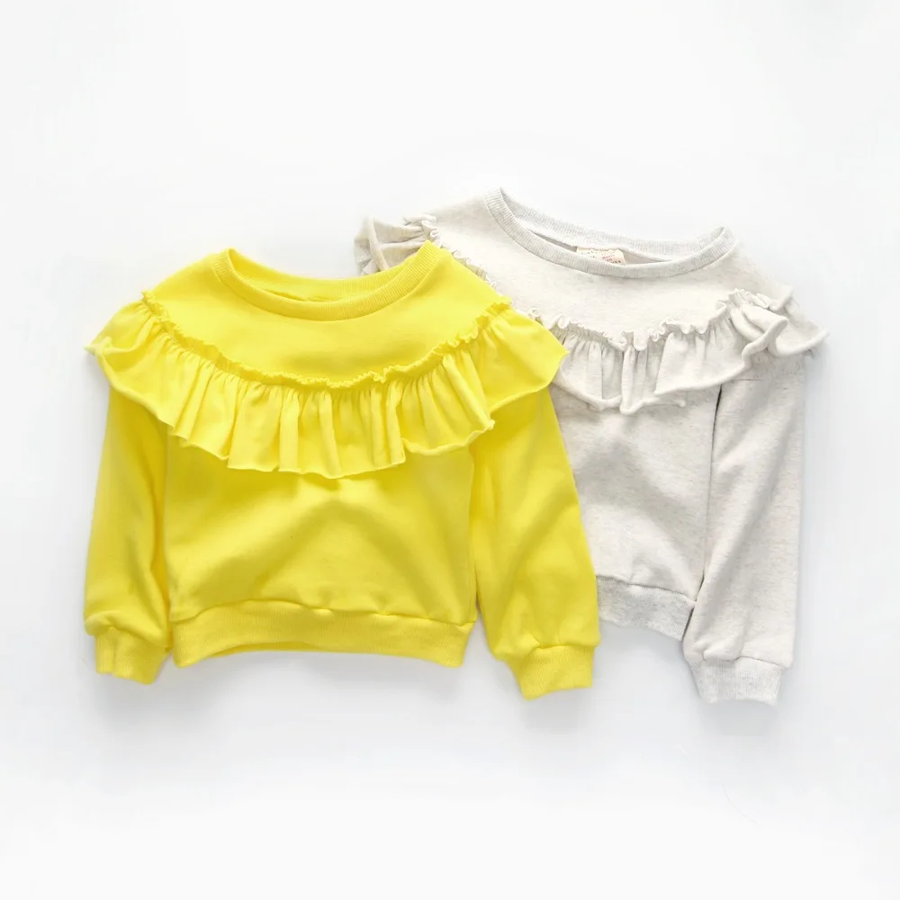 

CAVIGOUR top quality cotton girls long sleeve t shirts autumn baby girl sweatshirts solid color ruffles design tops for girl