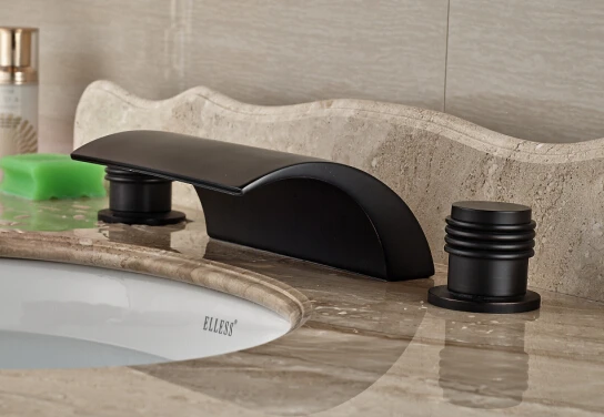

Modern Oil Rubbed Bronze Bathroom Waterfall Basin Faucet Dual Round Handle Sink Mixer Deck Mount