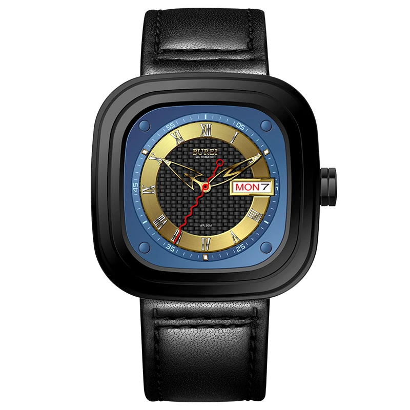 

BUREI geneva watch Switzerland brand seven skeleton Square japan Time Module 24 jewels automatic daydate Sapphire blue Calfskin