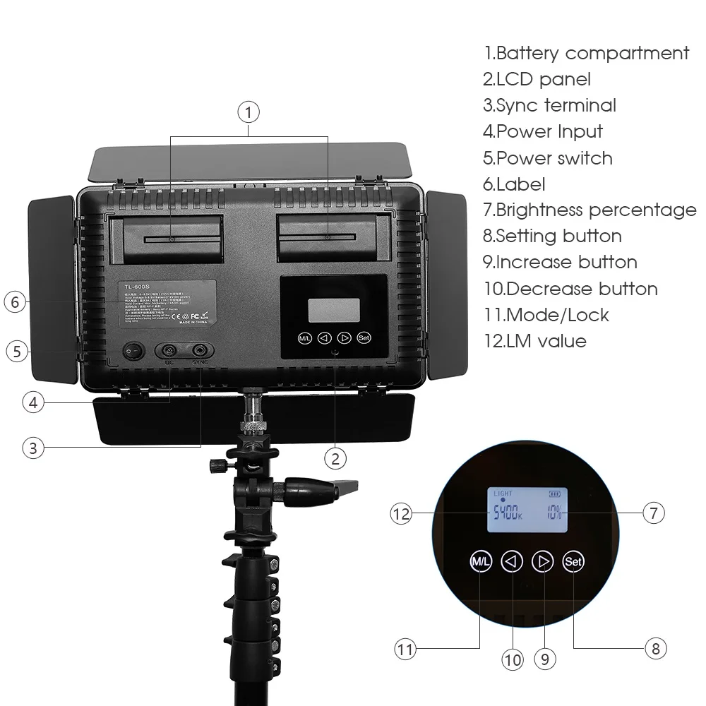  SAMTIAN 2Sets LED Video Light With Tripod Dimmable 3200-5500K 600 LEDs Panel Lamp For Studio Photo  - 32848642600