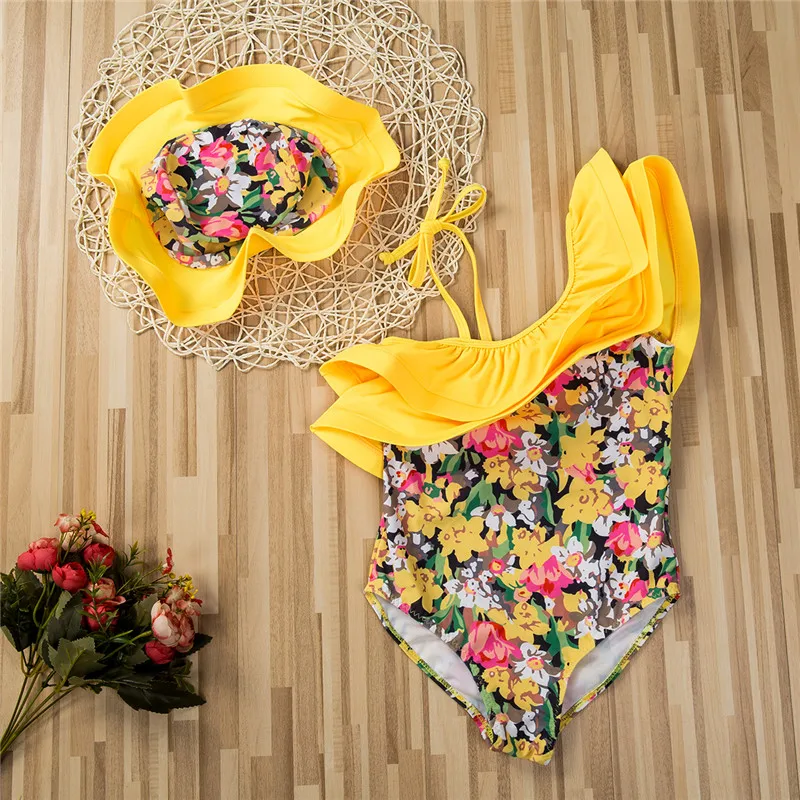 Baby Girl Swimsuit Bikini One Piece Summer Yellow Floral Printed Swimwear Jumper Jumpsuit+Hat 2Pcs Outfit Children Swimsuit