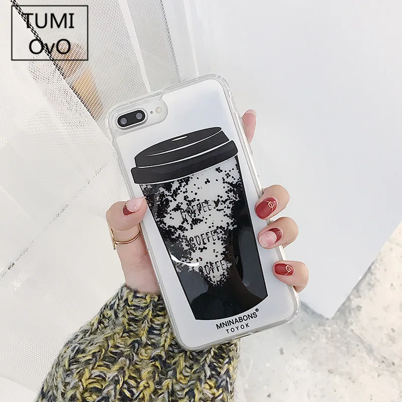 

Simple Luxury Love Heart Hard PC Black Coffee Cup Cool Dynamic Liquid Quicksand Phone Case For iPhone 6 6S 7 8 Plus X 10 Cases