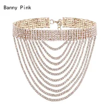 Luxury Rhinestone Chain Tassel Choker Necklace For Women Chunky layer Crystal Pendant Choker Collar Fashion Jewelry Colliers