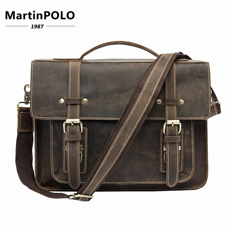 

Vintage Men's Genuine Leather Briefcase 14" Cowhide Business Bag Cow Leather Laptop Double Layer Messenger Bag Leather Work Tote