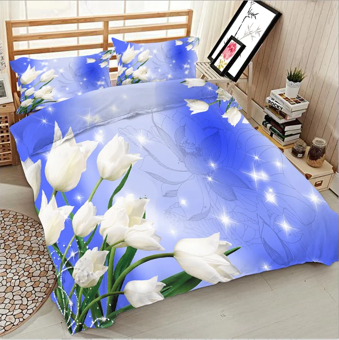 

White flowers and hand-drawn lotus 3d effect photo bed linen can be customized photo pattern