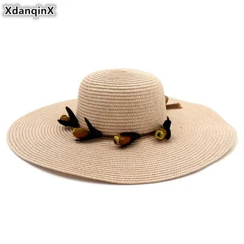 

XdanqinX Oversized Sun Visor Lady Straw Hat Foldable Adult Women's Breathable Sun Hats Flower Headdress Large Brim Beach Hat