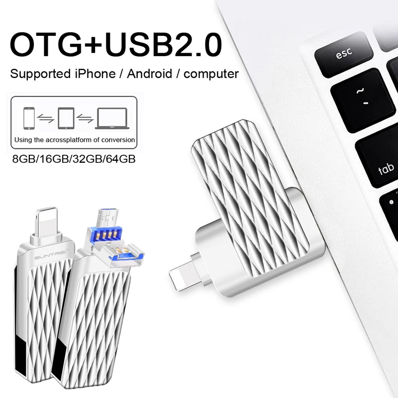 

Suntrsi OTG USB2.0 Flash Drive for iPhone/iPad/Android 3 in 1 Pen Drive 64GB 32GB High Speed metal USB Stick free shipping