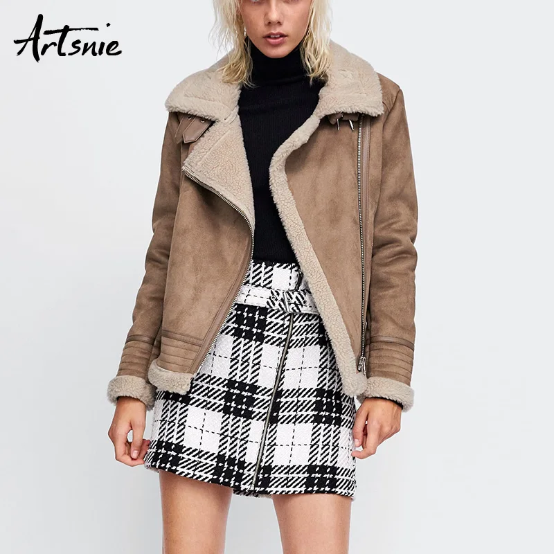Artsnie осень повседневная кожаная замшевая куртка женская уличная куртка с отложным воротником и длинным рукавом пальто уличная одежда куртки для девочек