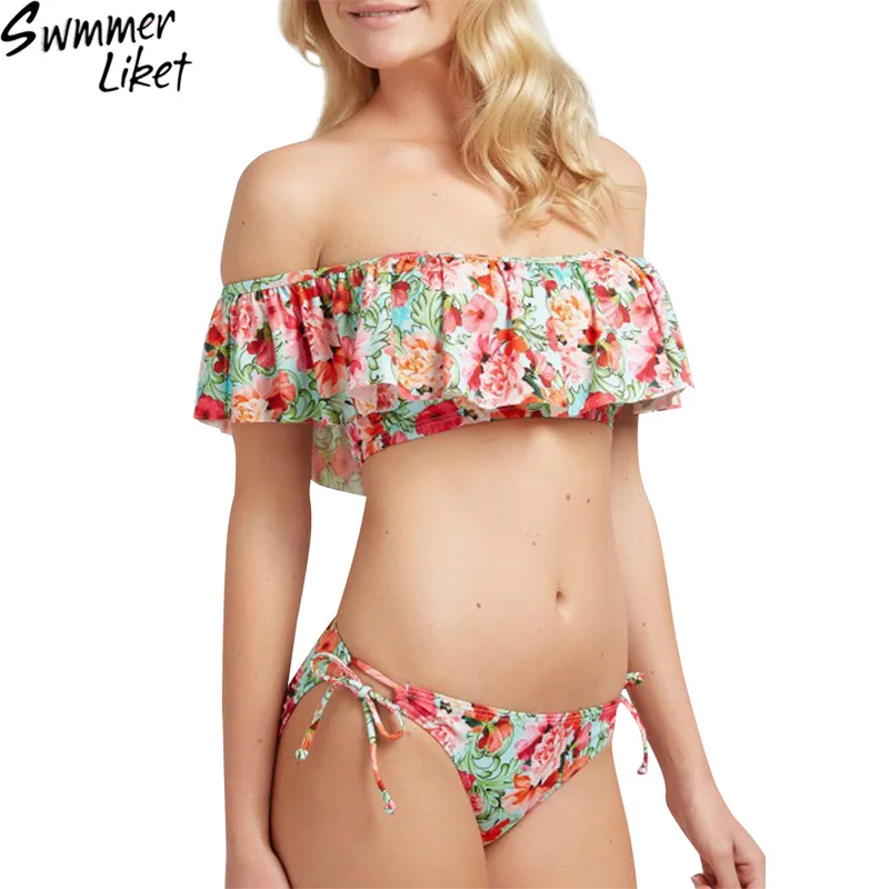 open shoulder flounce floral printed bikini