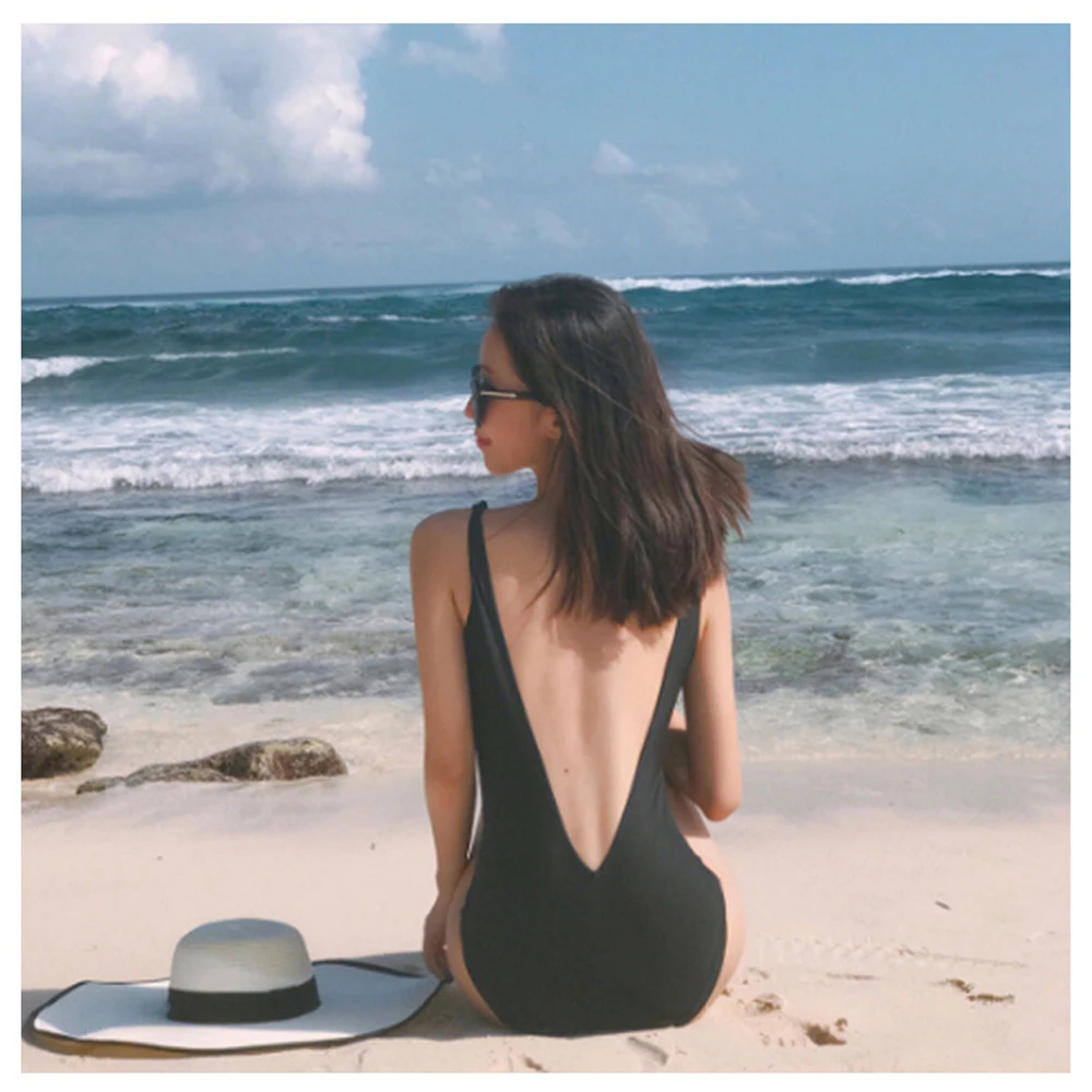

2019 Women Swimsuit Sexy Solid V backless One Piece Swimsuit Retro Thong High Waist Bodysuit Backless High Cut Bikini Swimwear
