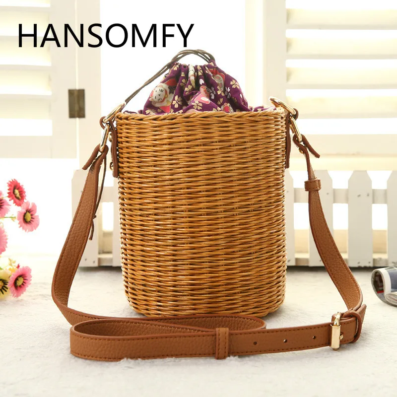

HANSOMFY |Fashion Hand Woven Bucket Round Rattan Straw Bags Bohemia Style Beach Bag Summer Shoulder Bag Handbag