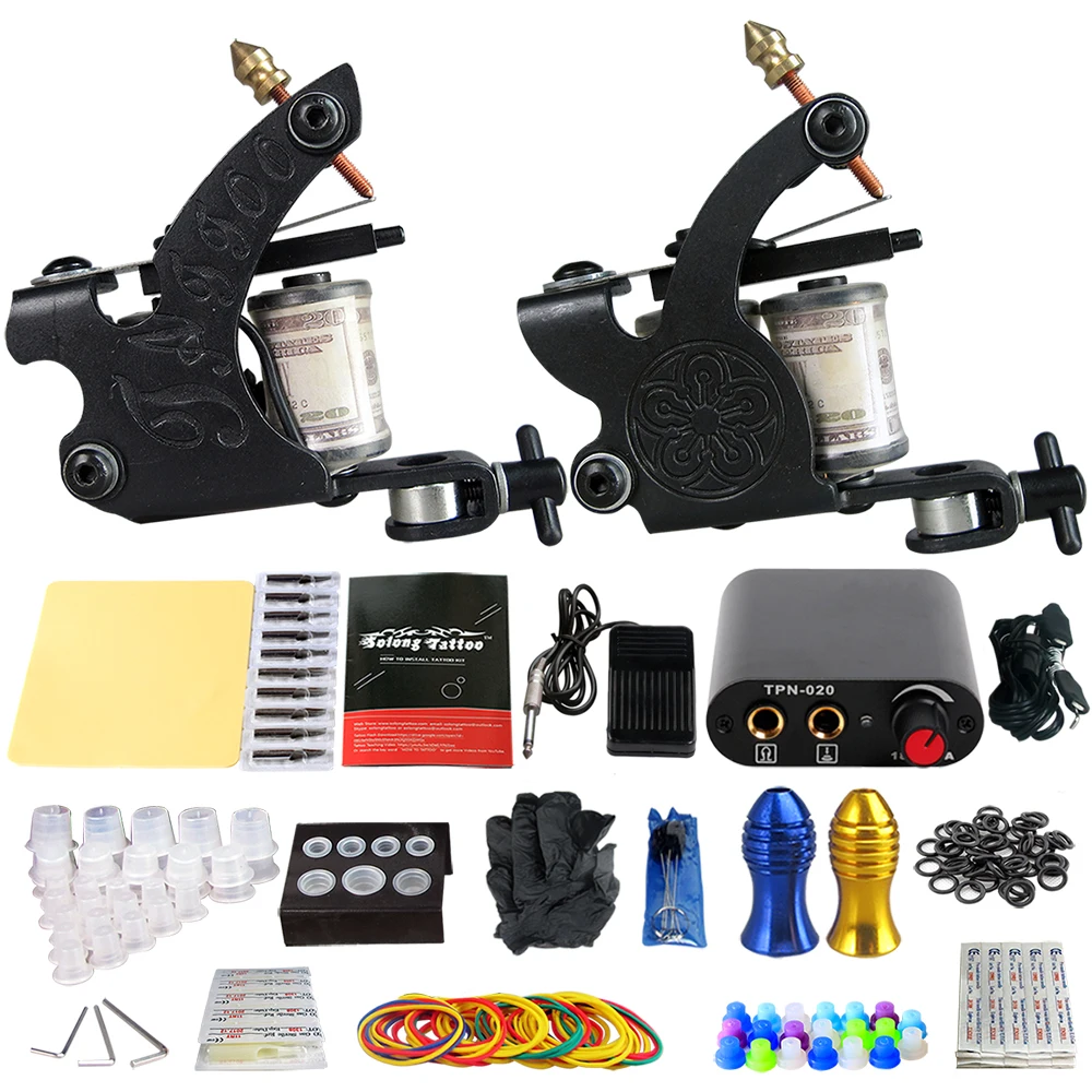 

Solong Tattoo Complete Tattoo Kit 2 Machines Tattoo Gun Sets Power Supply Needles Beginner Permanent Makeup Supply Kit TK201-40