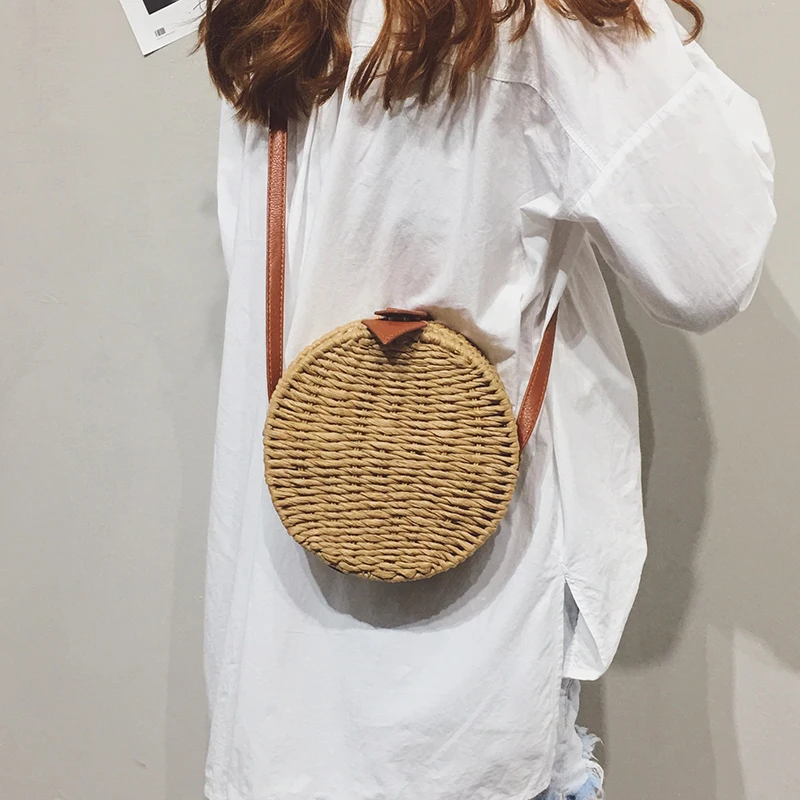 Women Summer Rattan Bag Round Straw Bags Handmade Woven Beach Cross Body Bag Circle Bohemia Handbag Bali Box