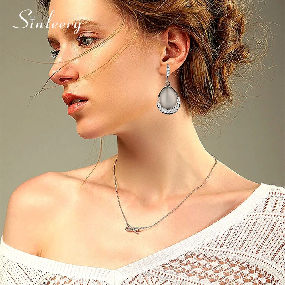 SINLEERY Vintage Water Drop Opal Stone Dangle Drop Earrings for Women Antique Silver Color Jewelry Accessories ES527