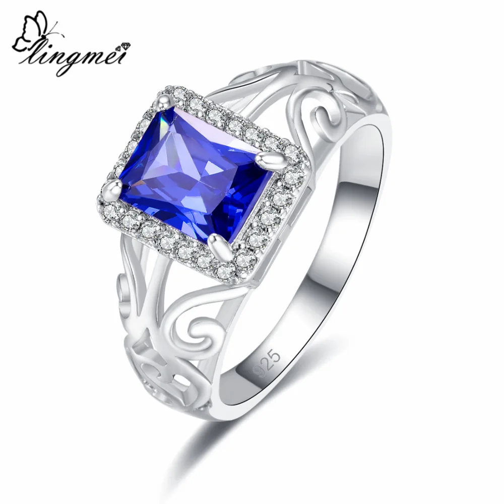lingmei Wholesale Dropshipping Fashion Gorgeous Jewelry Blue &amp White Cubic Zircon Silver Color Ring Size 6-9 For Women Christmas |