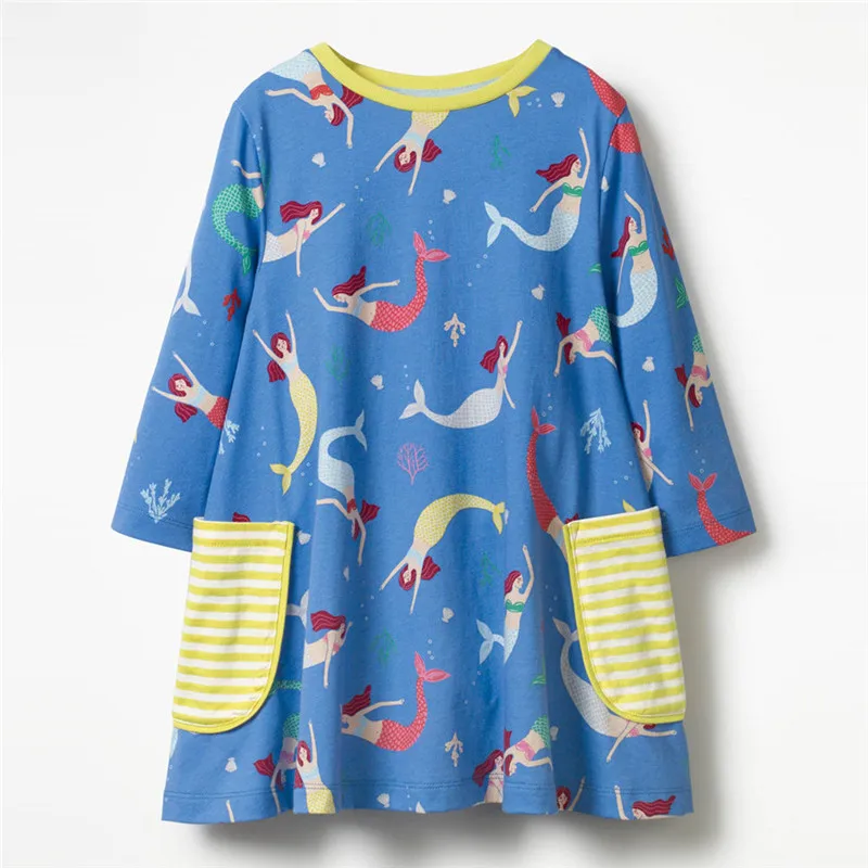 Jumping meter/Брендовые платья для маленьких девочек с аппликацией; осеннее детское платье с пингвином для девочек; одежда с длинными рукавами и изображением животных; платье для девочек с единорогом - Цвет: T7706 BLUE