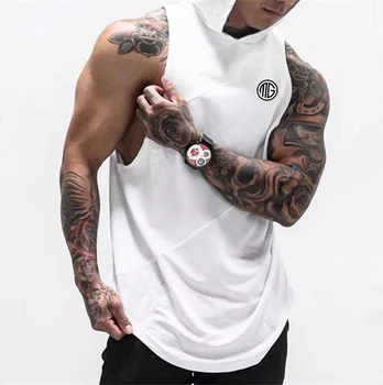 

2019 new stitching mesh men's fitness running vest cotton bodybuilding hooded loose sleeveless hoodie