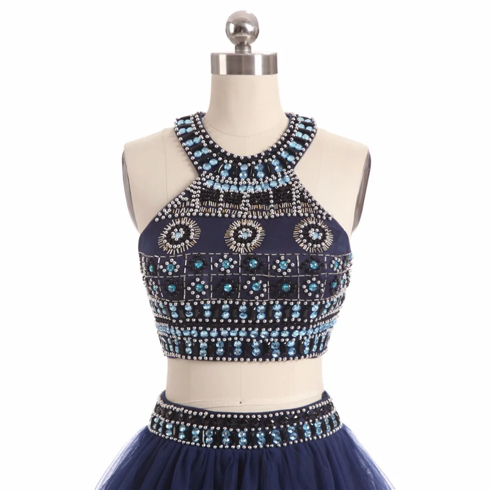 Темно-синие 2019 Бальные платья трапециевидной формы с бретелькой через шею Короткие мини-бисерные кристаллы две части спинки элегантные