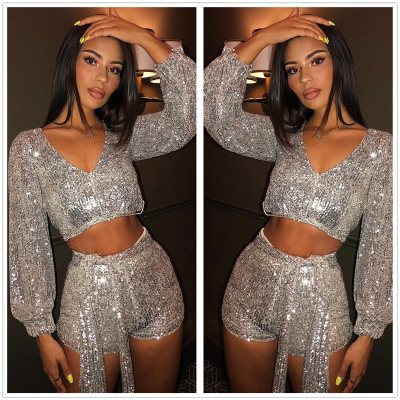 

Womens sexy sequins top and short set Bodycon V-Neck Crop Top And short Set for women Clubwear outfit night Party Clothing Sets