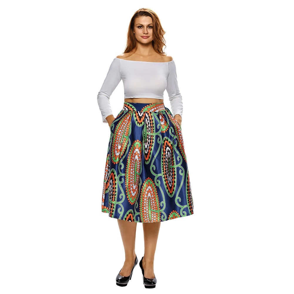 Summer Style Skirts Women Brand High Waist African Floral A line Knee ...