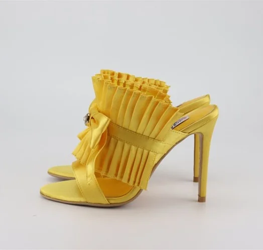 

High Heel Dress Slippery Pleated Butterfly Knot Silk Open Toe Mules Shoes Cut Out Stiletto Designer Shoes