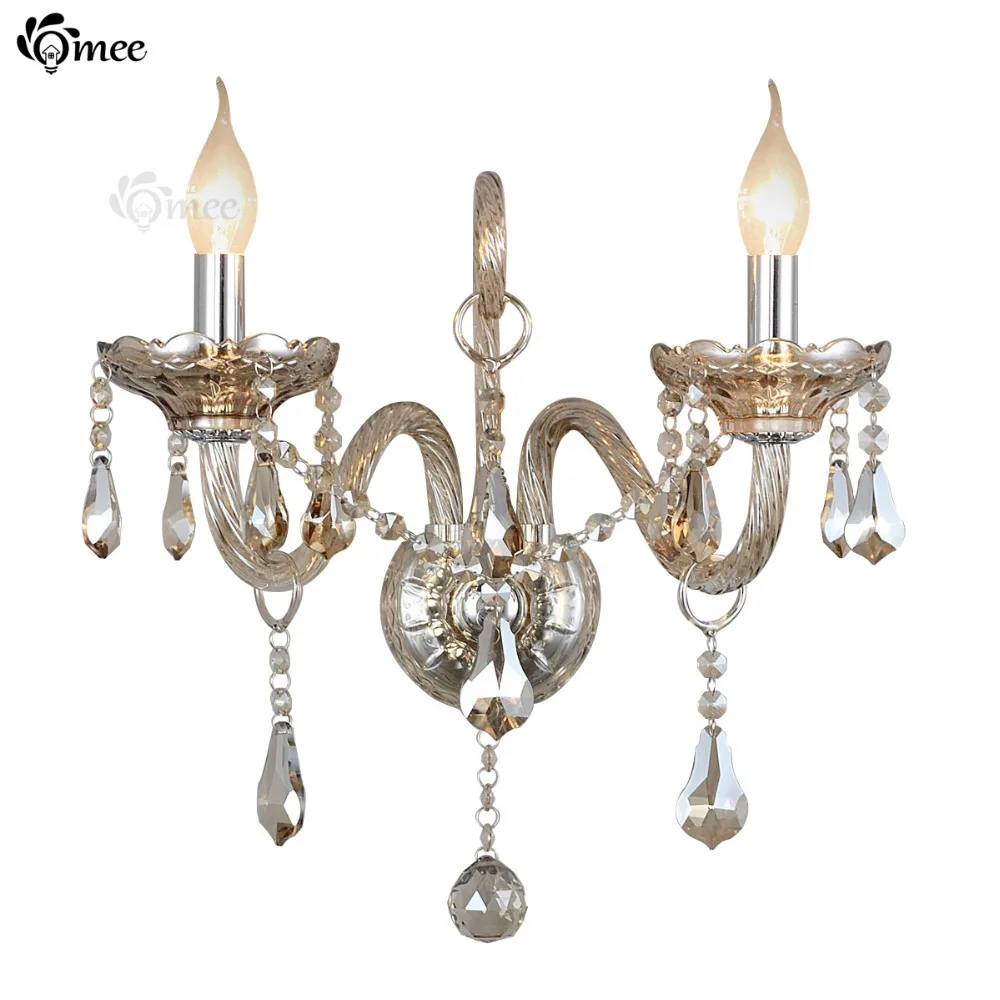 

European Luxury Palace Crystal Wall Lights Double Head / 3Bulbs or Single Entranceway Cognac Crystal Wall Lamps E14 LED Cristal