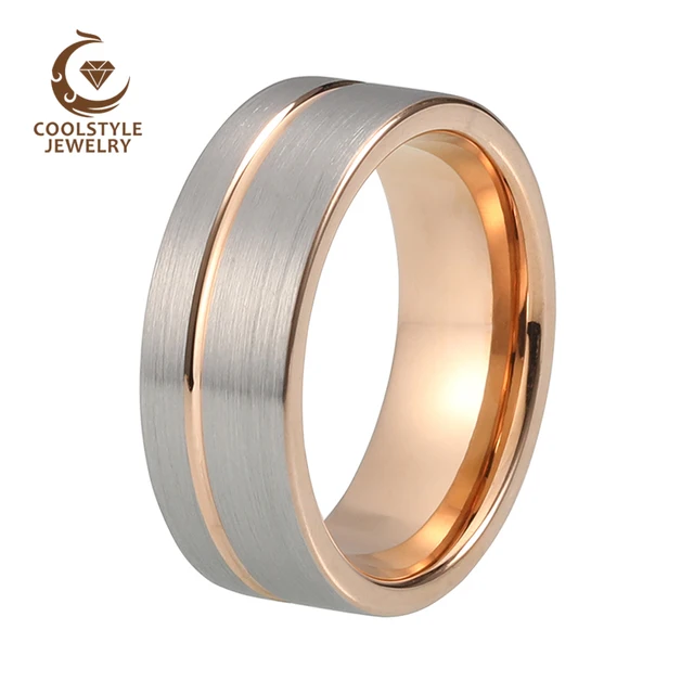 Coolstyle Jewelry Tungsten Carbide Wedding Ring 8mm Rose Gold Offset Coolstyle Jewelry Tungsten Carbide Wedding Ring 8mm Rose Gold Offset Line Flat Pipe Cut Brushed Silver