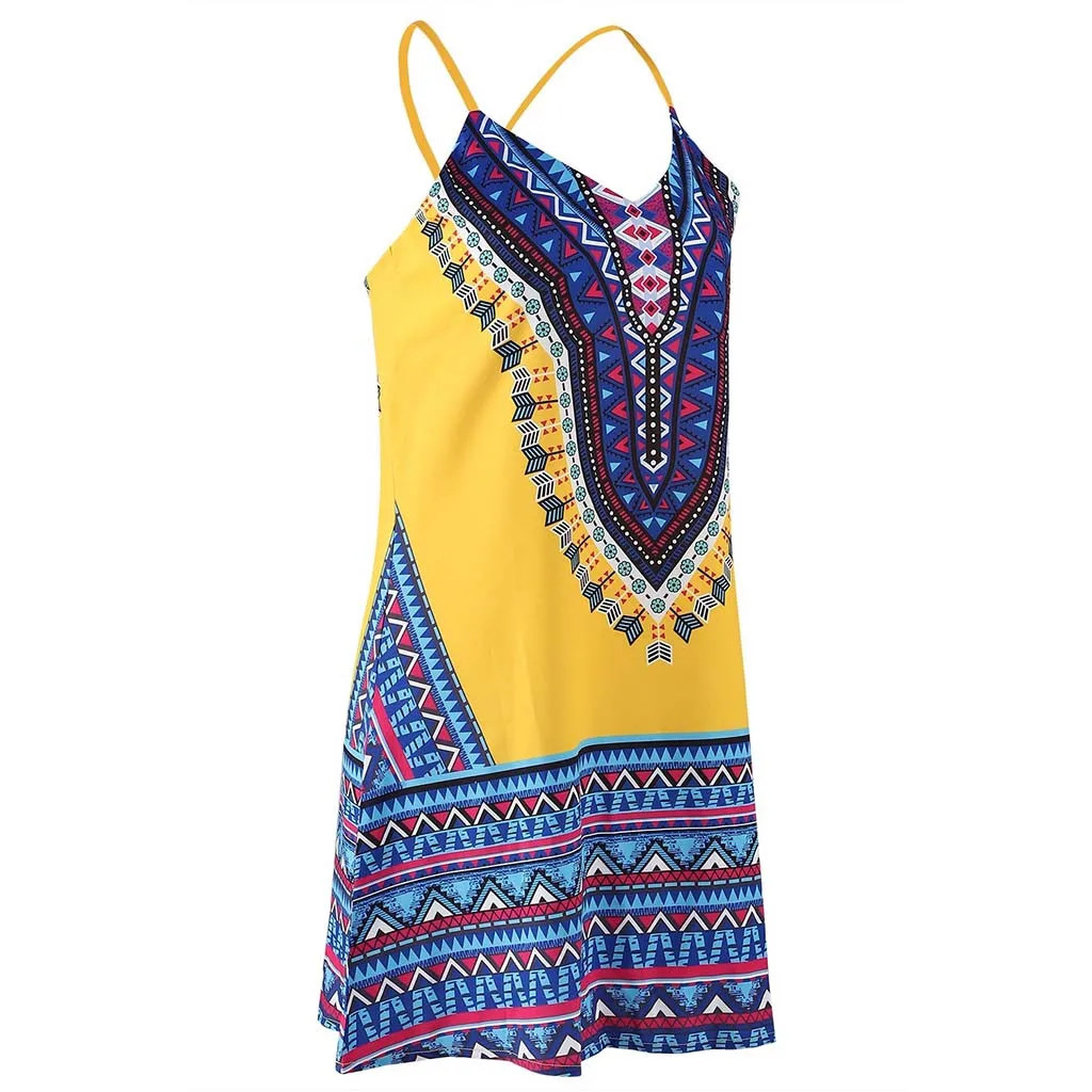 Летнее женское винтажное пляжное платье без рукавов с цветным принтом, а-силуэт, макси, мини-сарафан, богемная повседневная юбка с круглым вырезом для девочек# P5
