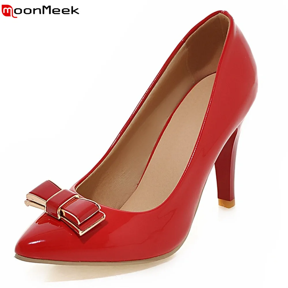 

MoonMeek new arrive spring autumn female shoes extreme high heel with butterfly knot pointed toe slip on pumps women shoes