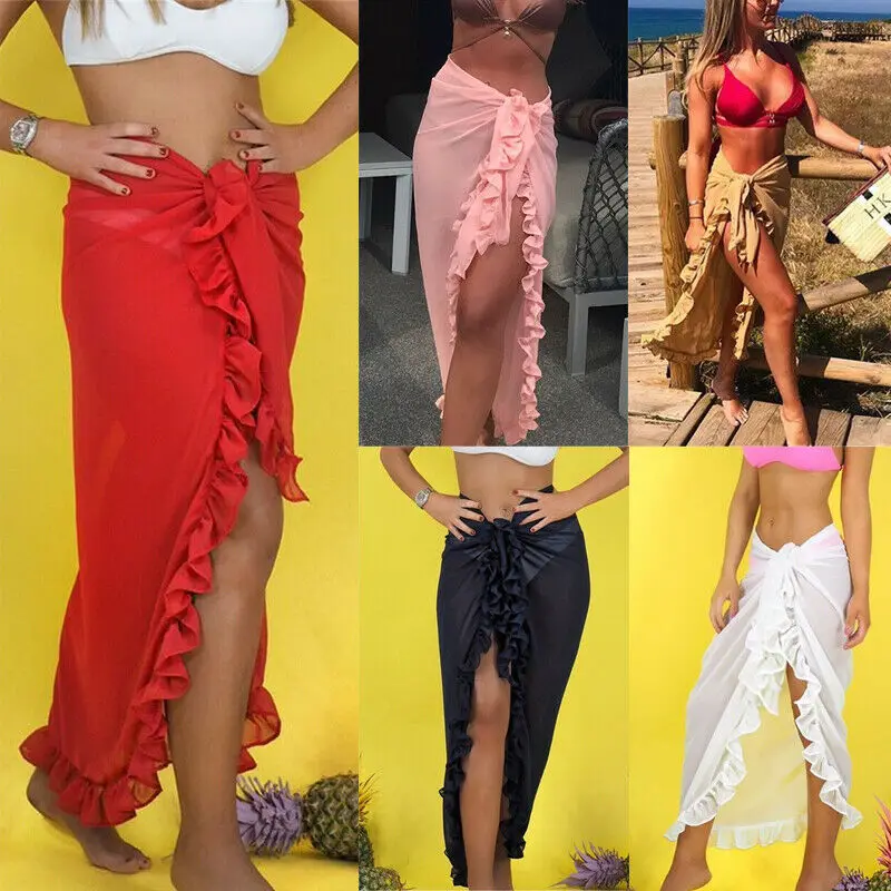 

Womens Chiffon Beach Cover up Sarong Wear Ruffle Swimsuit Wrap Beach Skirts